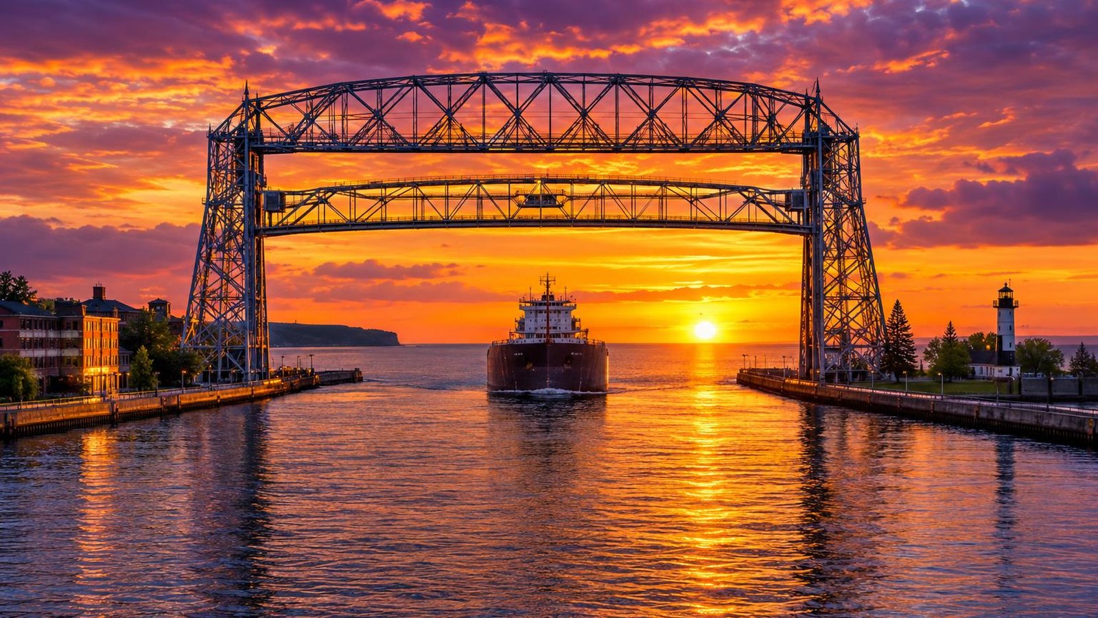 The Aerial Lift Bridge in Duluth at sunset over Lake Superior