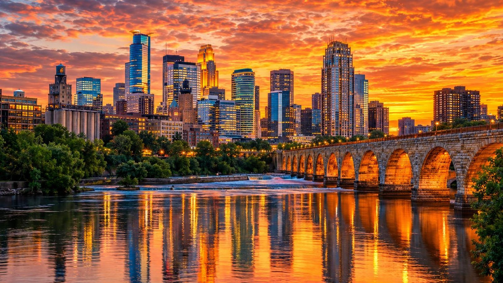 Minneapolis skyline and the Stone Arch Bridge over the Mississippi at sunset