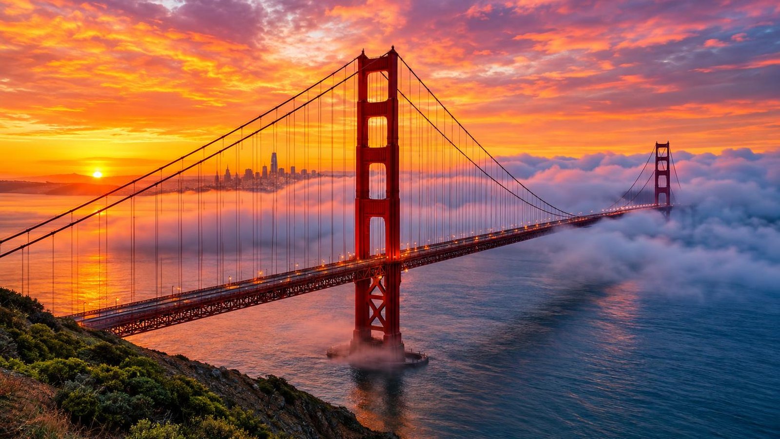 The Golden Gate Bridge at sunset