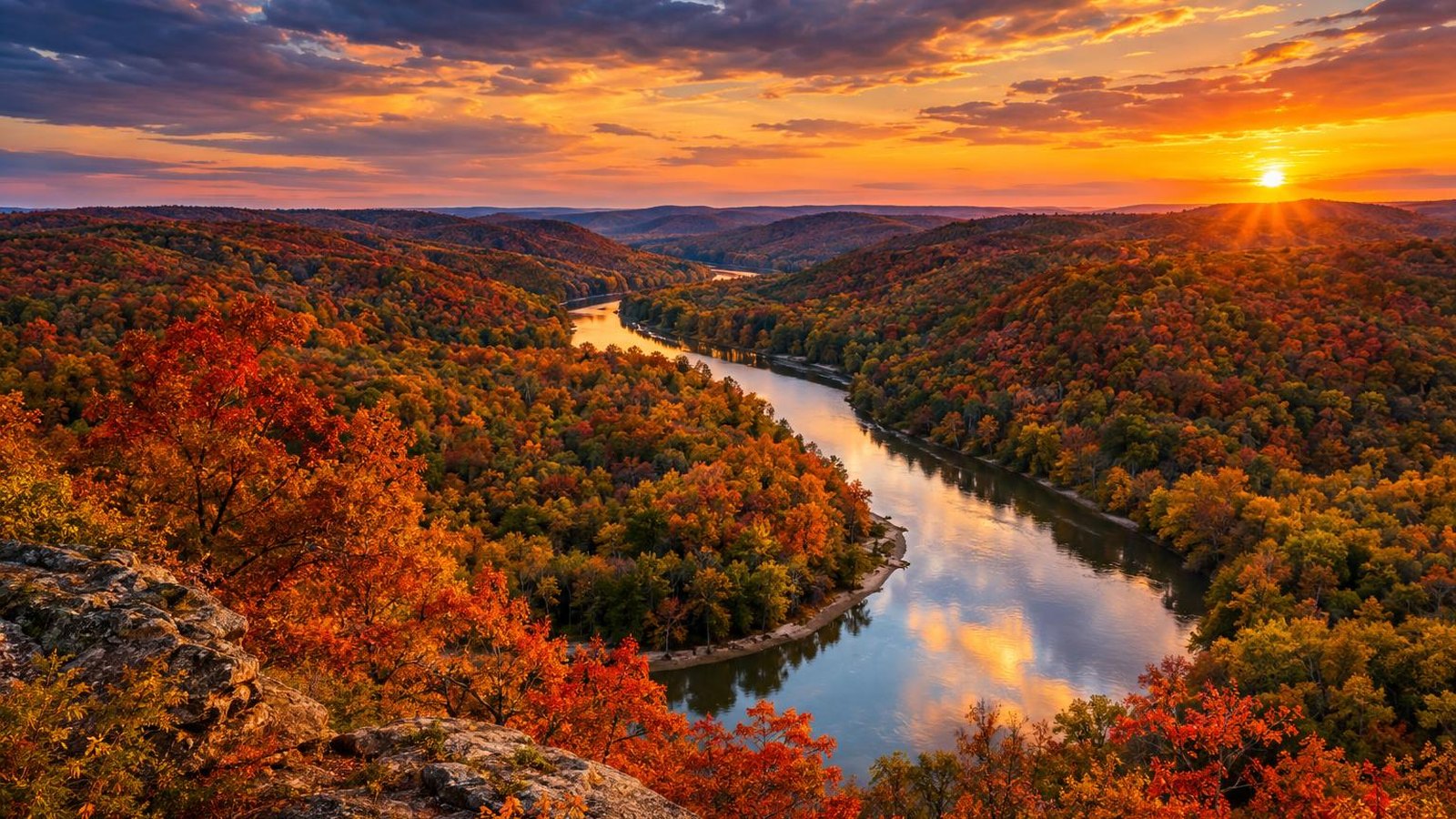 Ozark forest in fiery fall colors near Springfield, Missouri