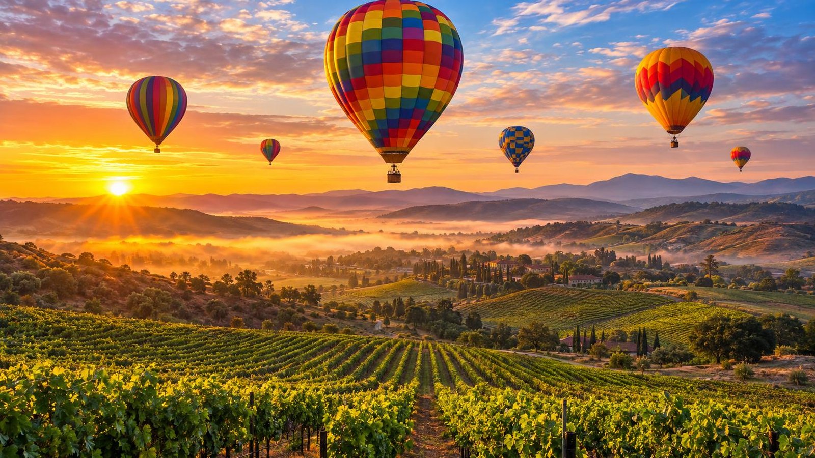 Hot air balloons over the vineyards of Temecula Valley at sunrise