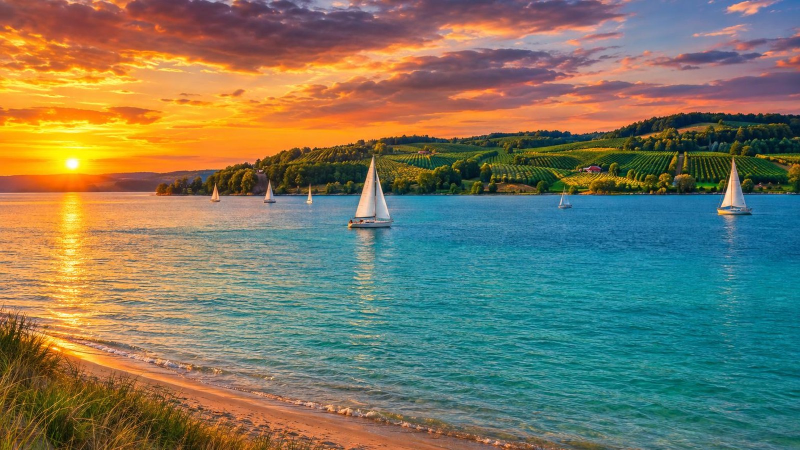 Turquoise water of Grand Traverse Bay at sunset